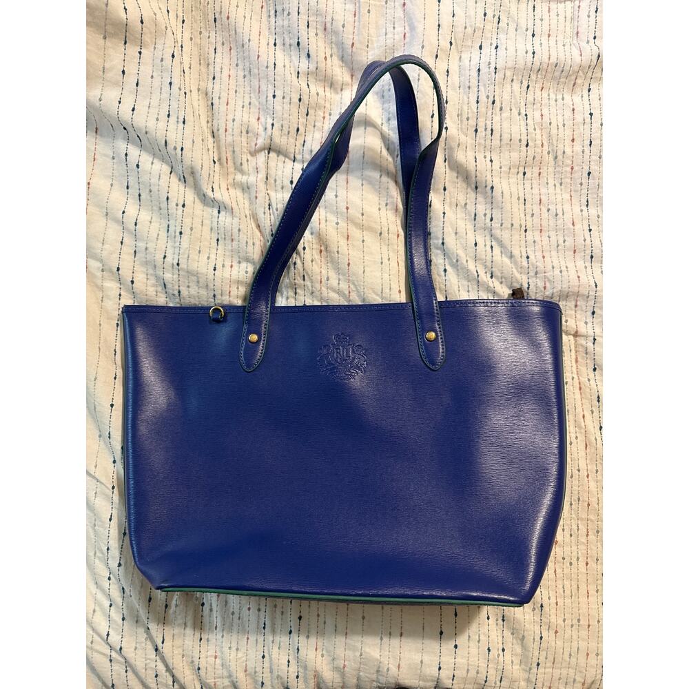 Ralph Lauren Sloan Street Tote Navy Blue Leather Green Accent Shoulder Bag